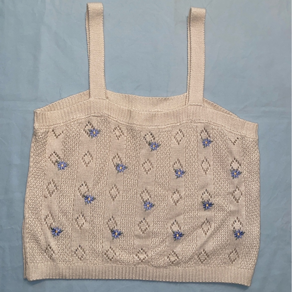 Pink Rose Elegant Cream Camisole with Blue Flower Accents